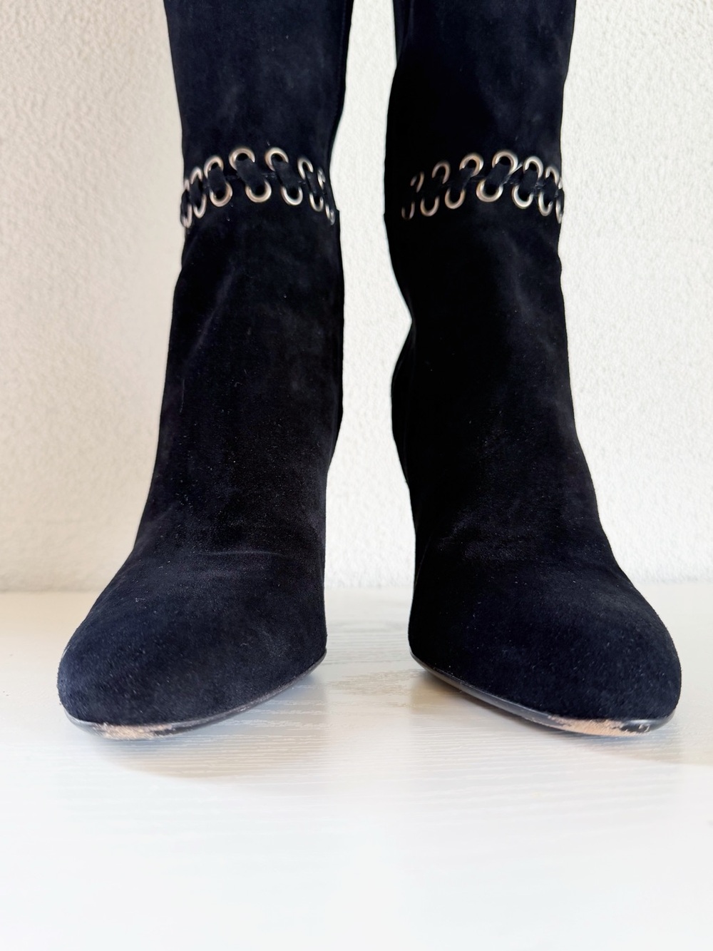Prada Black Suede Whipstitch Eyelet Knee High Heeled Boots EU 39 - Picture 7 of 11